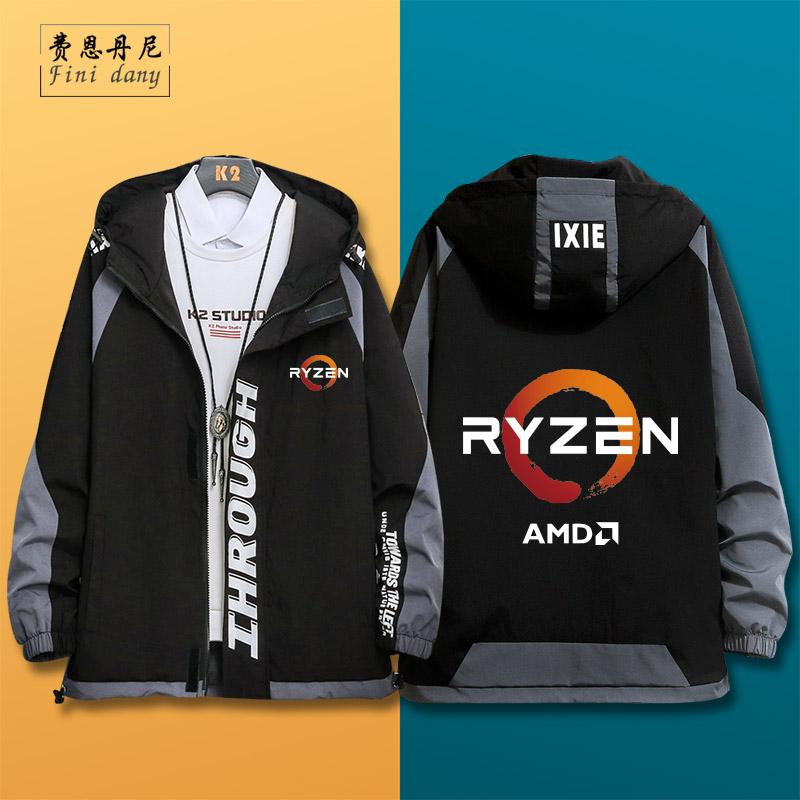 秋冬季AMD RYZEN锐龙LOGO印花男休闲夹克连帽风衣外套衣服新潮