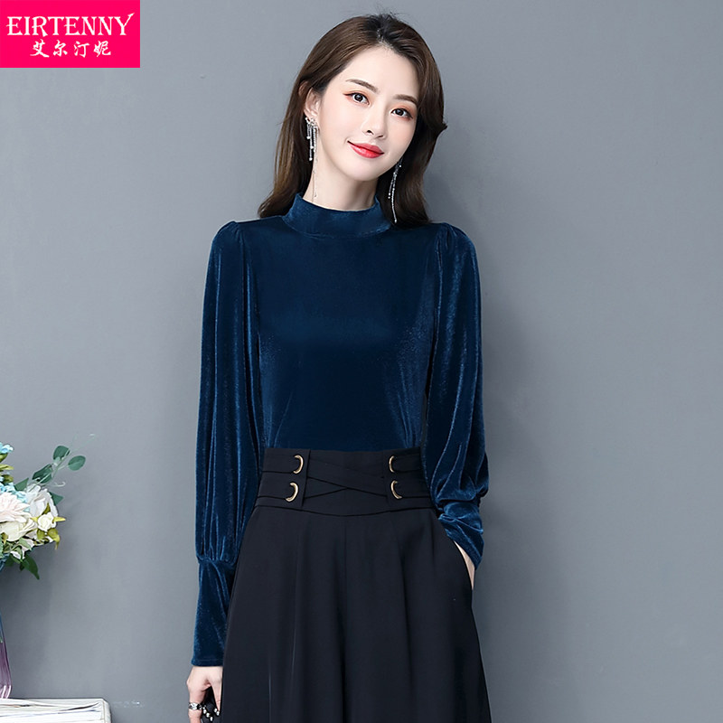 金丝绒时尚气质宽松上衣女2020新款春T恤半高领打底内搭春秋洋气