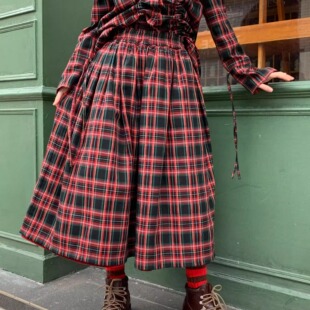 WOKERKER 红色灯芯绒正反两穿松紧腰半身裙 日系百搭圣诞格子