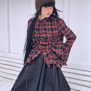 衬衫 抽褶百搭长袖 日系氛围感圣诞格子造型款 WOKERKER