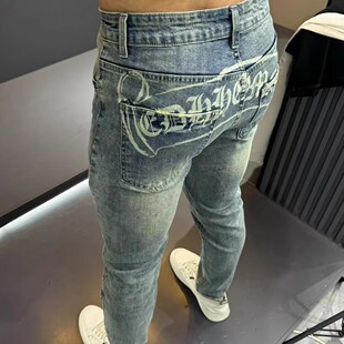 潮流牛仔裤男式春秋季修身设计小脚裤高品质时尚印花百搭九分裤子