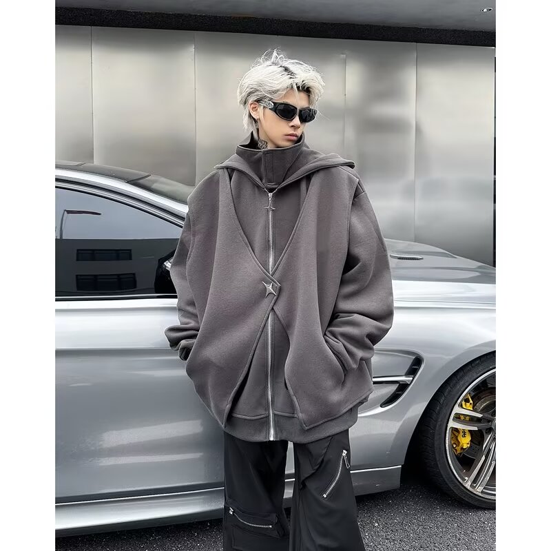 蝙蝠开衫外套男春秋款高级感痞帅立领长袖美式复古假两件连帽卫衣