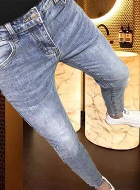 浅色牛仔裤男秋冬潮牌修身百搭休闲男裤精神小伙弹力小脚九分裤潮