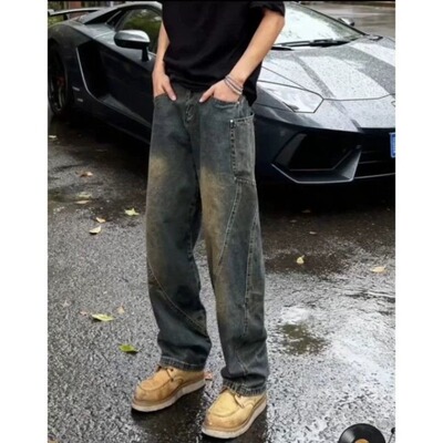 美式高街复古斜切弯刀牛仔裤男士新款潮牌时尚直筒宽松阔腿裤子男