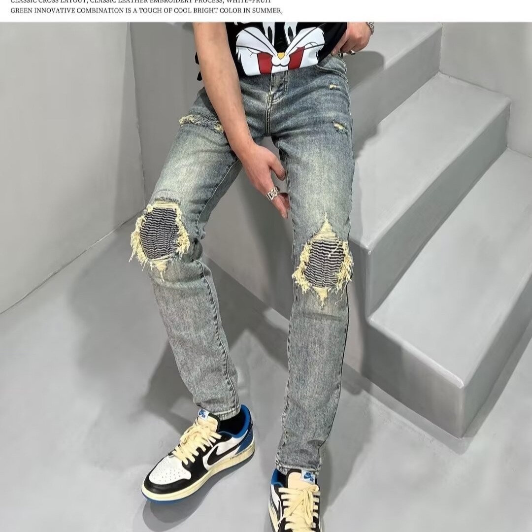 欧美高街潮流补丁破洞褶皱牛仔裤男女同款春季百搭修身长裤子潮