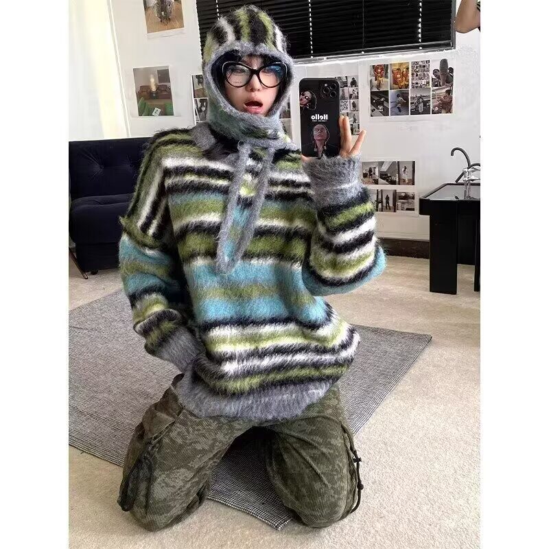 秋冬季美式条纹慵懒风毛衣男女高级感小众围巾帽情侣针织衫外套潮