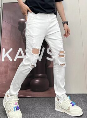 春夏新款高街破洞牛仔裤男裤修身小直筒黑色乞丐潮牌白色嘻哈裤子