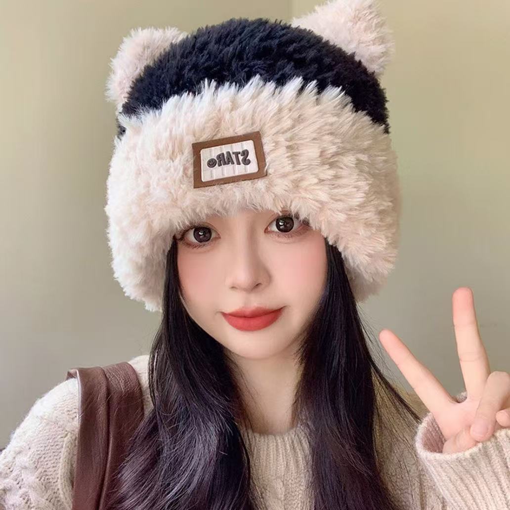 甜美可爱小熊毛线帽女韩版百搭贴布字母冬季保暖防寒护耳毛线帽