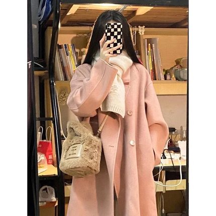粉色偏薄单层大衣女2023秋冬新款韩系宽松中长款赫本风薄款外套