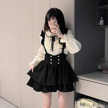 微胖学院风收腰蝴蝶结背带裙秋冬女纯欲娃娃领甜辣妹上衣衬衫