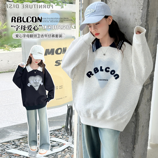 领上衣牛仔裤 女童卫衣秋装 儿童超好看POLO衫 套装 两件套潮 2025新款