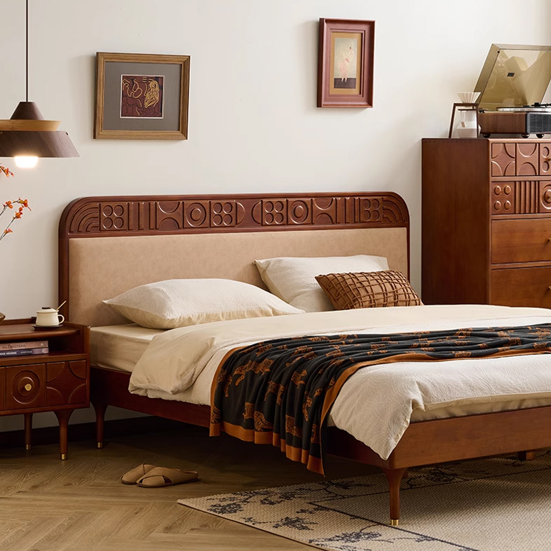 【马德里床】中古实木雕花床黄杨木复古风科技布主卧双人床