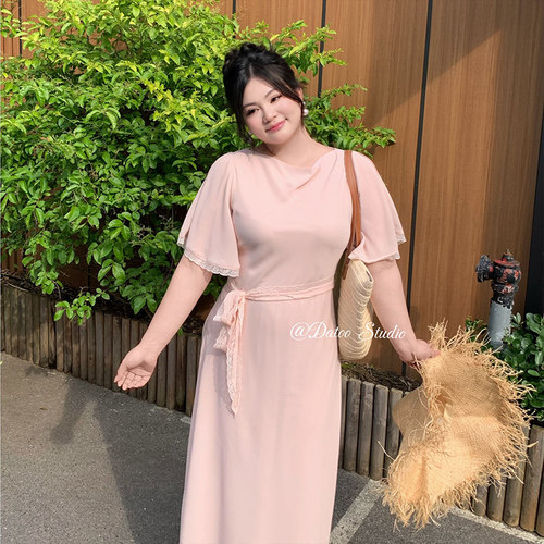 DATOO【温柔欧尼】微胖mm大码夏季度假雪纺长款短袖粉色连衣裙女