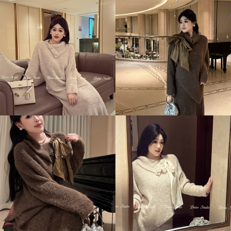 DATOO【暖冬麦香】微胖大码针织常规袖蝴蝶结褪色毛针织衫套头衫