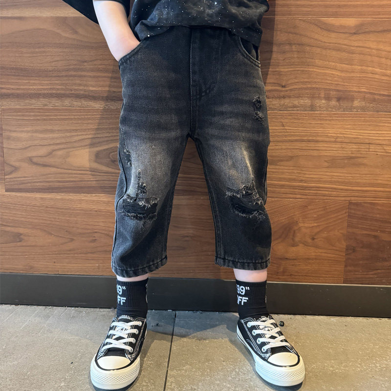 男童牛仔七八分裤子夏季破洞潮款黑灰2025小中大宝宝儿童中短裤潮