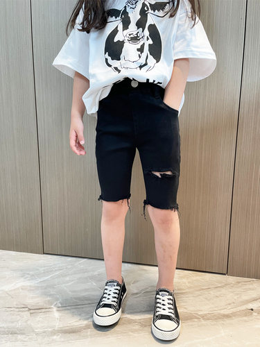 女童牛仔小脚修身破洞短裤