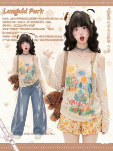 T恤女涂鸦宽松显瘦百搭防晒上衣潮 复古斜肩长袖 2026春秋新款 美式