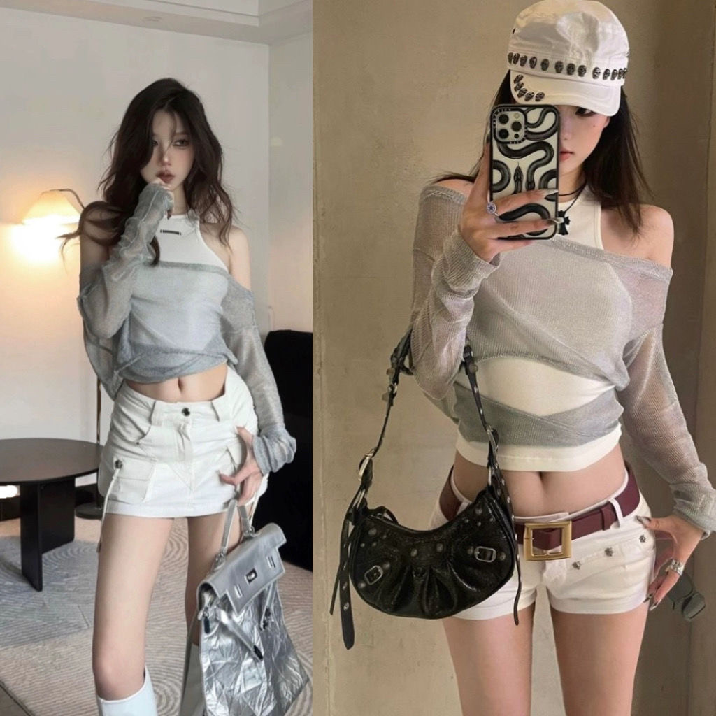 夏季新款ins辣妹纯欲设计感假两件套背心拼接网纱防晒罩衫女潮