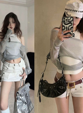 夏季新款ins辣妹纯欲设计感假两件套背心拼接网纱防晒罩衫女潮