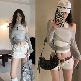 夏季 女潮 新款 ins辣妹纯欲设计感假两件套背心拼接网纱防晒罩衫