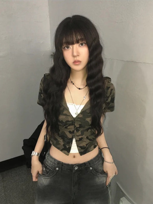 美式复古迷彩双向拉链连帽上衣甜酷辣妹修身短款短袖开衫T恤外套