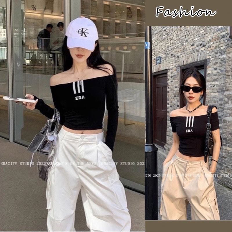 纯欲风一字肩字母T恤上衣女2024短款修身显瘦设计感小众打底衫