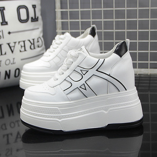 秋冬加绒隐形内增高14CM皮面女鞋 超高跟厚底小矮个子松糕底运动鞋