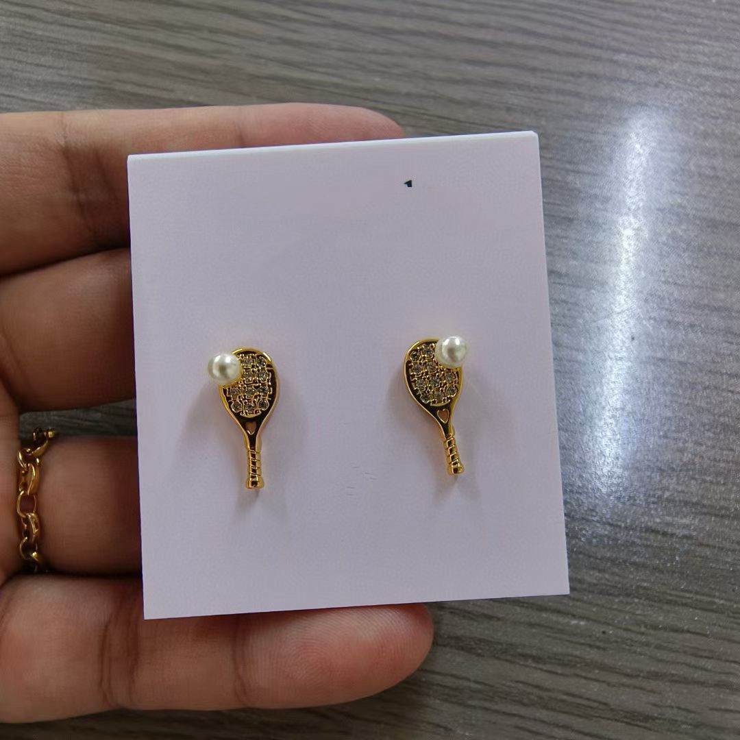高品质镀金外贸首饰出口轻奢时尚小众网球拍珍珠耳钉女可爱配饰