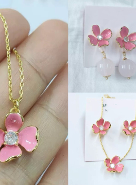 高品质出口欧美轻奢时尚首饰粉色花朵耳钉/项链女