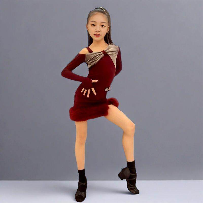 新款拉丁舞练习服女童长袖套装儿童拉丁舞服包臀裙训练服表演出服