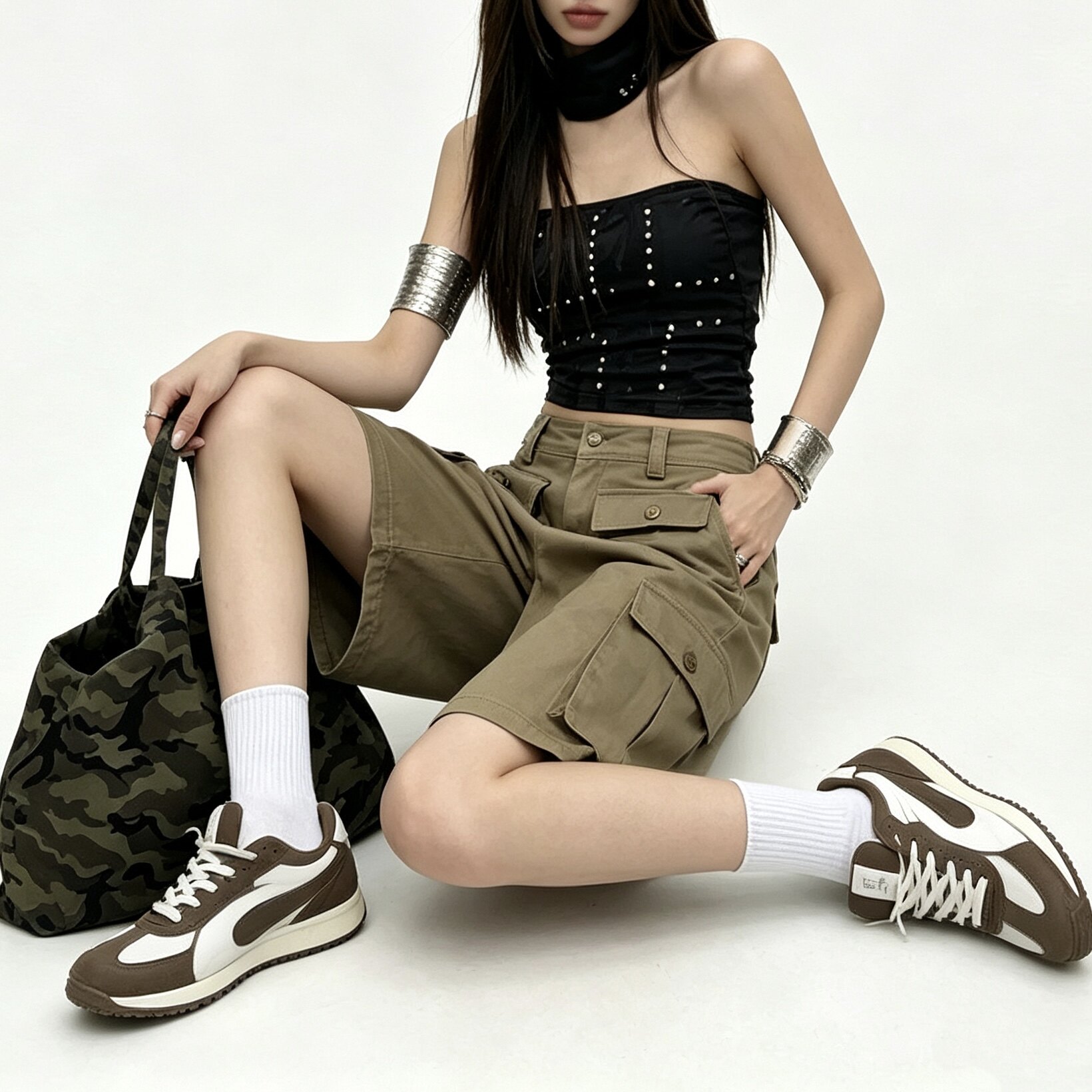 美式复古工装五分裤女高腰宽松