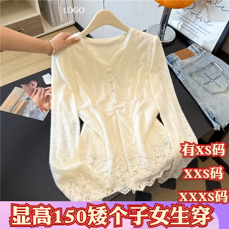 冬季矮个子150女装XXXS加小码155cm显高V领蕾丝拼接加绒衬衫长袖