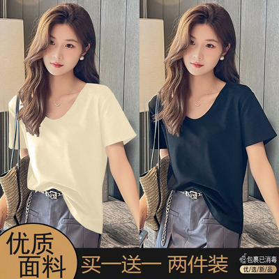 v领短袖t恤女夏季纯色正肩上衣潮