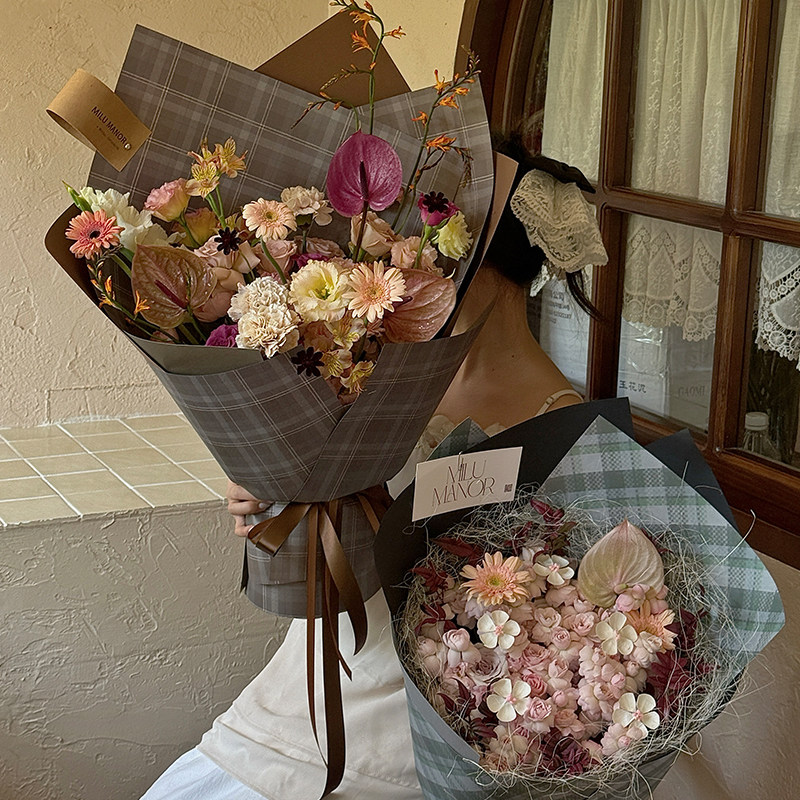 泽林秋冬午后格纹造型纸鲜花包装纸加厚卡纸花束包花花纸花艺材料