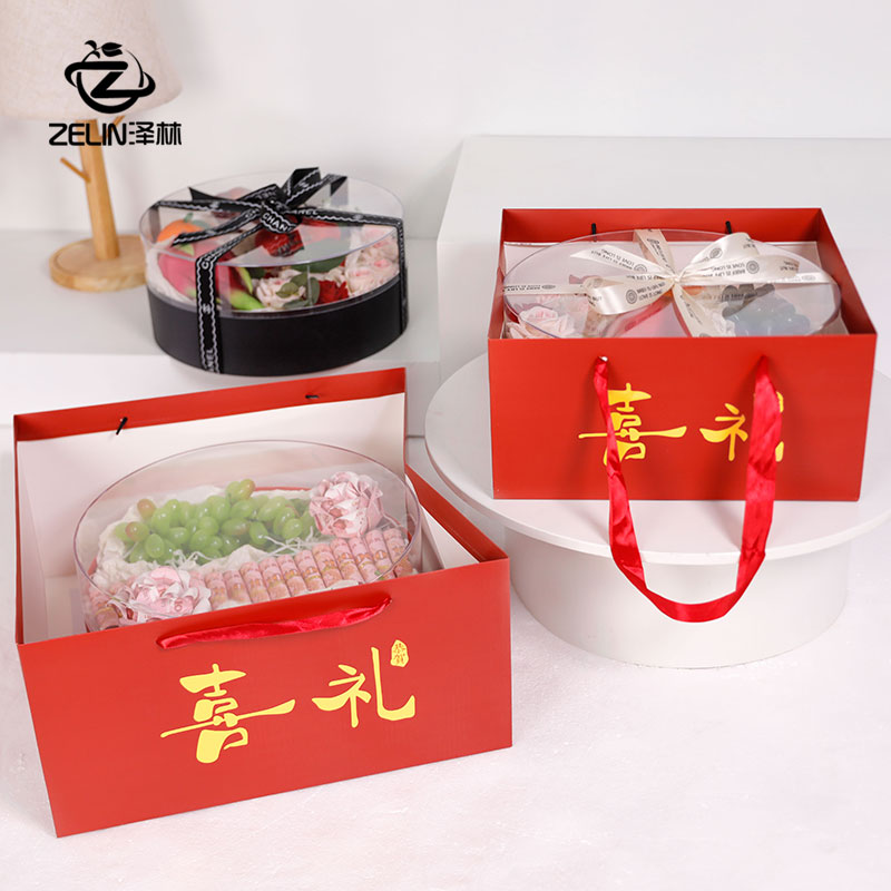 泽林新款水果花盒手提袋中秋节月饼花盒包装袋大红色烫金礼物袋