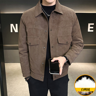 轻薄男士羽绒服冬季爆款2025新款翻领麂皮加厚男装皮夹克高端外套