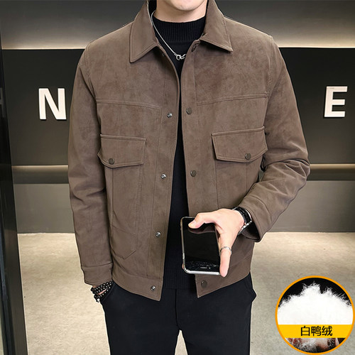 高级潮流帅气翻领短款PU皮羽绒服