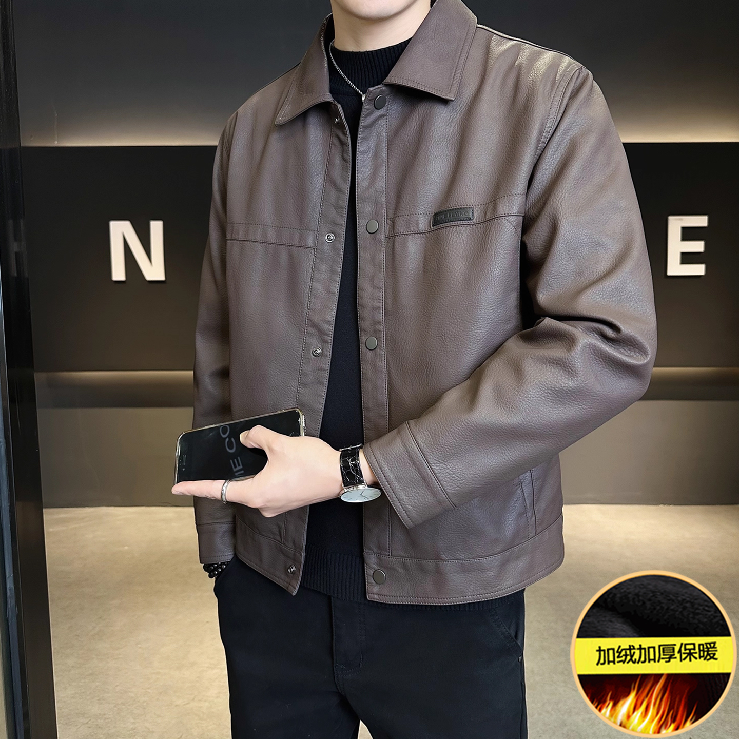 加绒加厚皮衣外套男士2025新款
