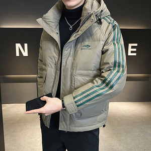 冬季羽绒服男2024新款潮牌韩版连帽男装织带条纹拼接短款加厚外套