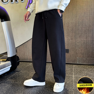 加绒裤子男秋冬季2025新款宽松直筒运动裤加厚美式休闲男士弯刀裤