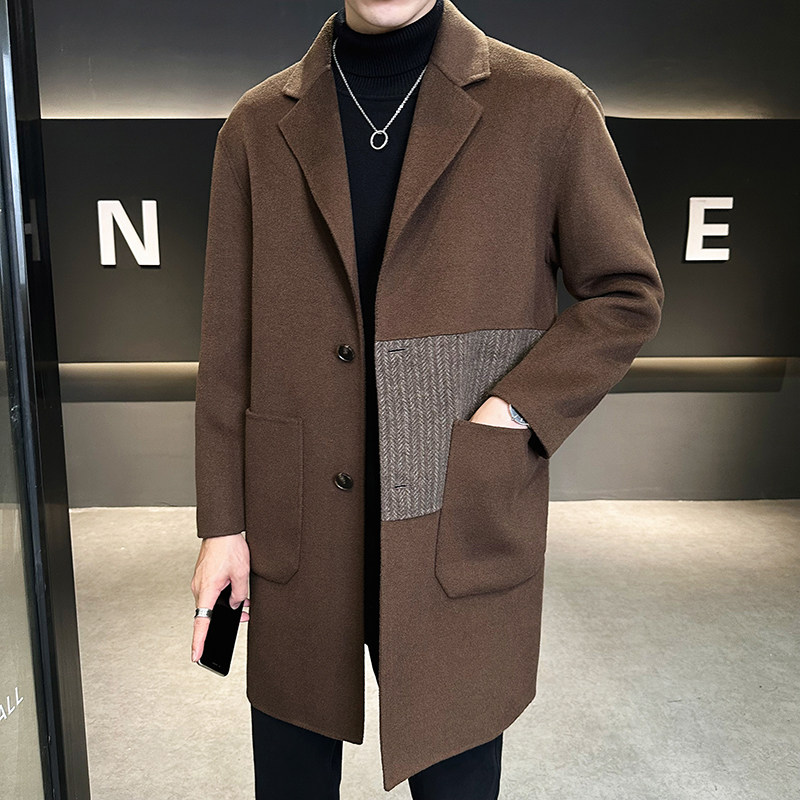 毛呢大衣男中长款秋冬季新款双面呢羊毛外套高端潮牌拼接呢子风衣,男装,毛呢大衣,淘宝优惠券,粉丝福利购,淘宝优惠卷