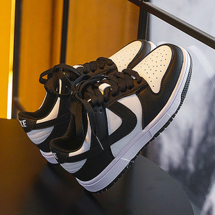 男童板鞋2025春秋款 黑白熊猫鞋 女童系带运动鞋秋冬加绒儿童鞋