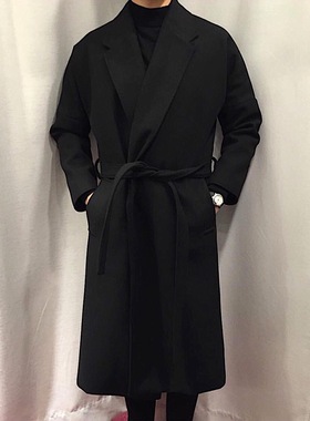 F4man韩国大牌风纯黑色过膝长款系带大翻领宽松风衣男呢大衣外套