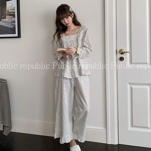 韩国Public republic 睡衣女「薄荷奶绿」甜美碎花少女家居服套装