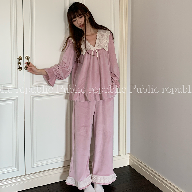 刺绣V领韩国Public republic 睡衣女甜美气质银狐绒柔软家居套装