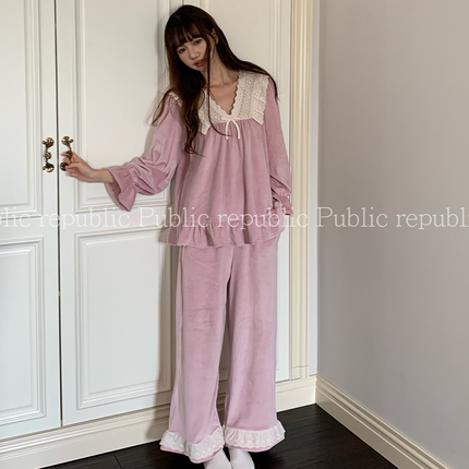刺绣V领韩国Public republic 睡衣女甜美气质银狐绒柔软家居套装