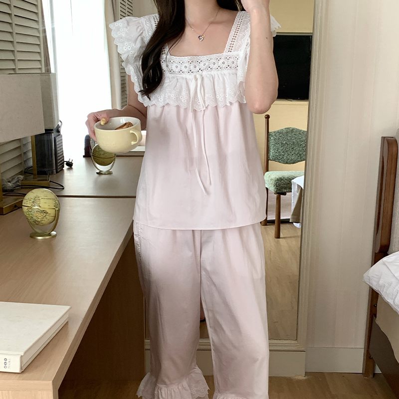 「森系漫语」First snow 夏季睡衣女甜美立体刺绣带内衬家居套装