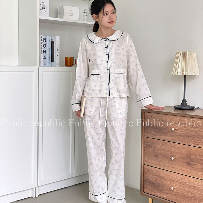 韩国Public republic 睡衣女甜美印花简约棉布娃娃领可爱家居套装