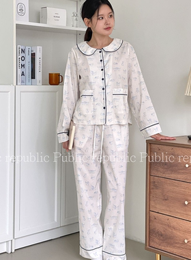 韩国Public republic 睡衣女甜美印花简约棉布娃娃领可爱家居套装
