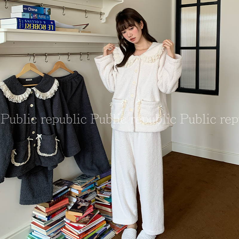 可爱系荔枝绒韩国Public republic 睡衣女甜美软糯小翻领家居套装
